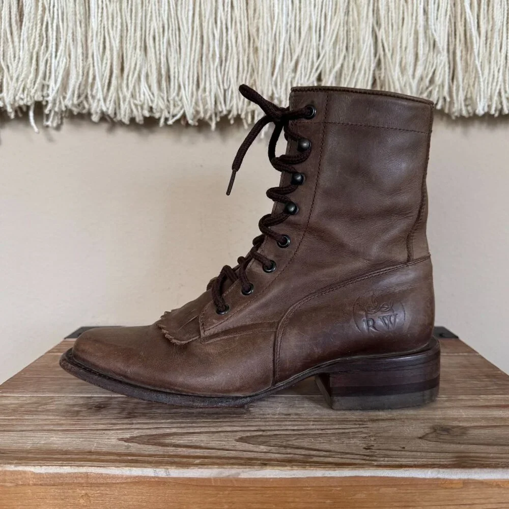 Raywelt Brown Leather Square Toe Fringe Roper Lace Up Ankle Boot Size  7.5 - Picture 7 of 17